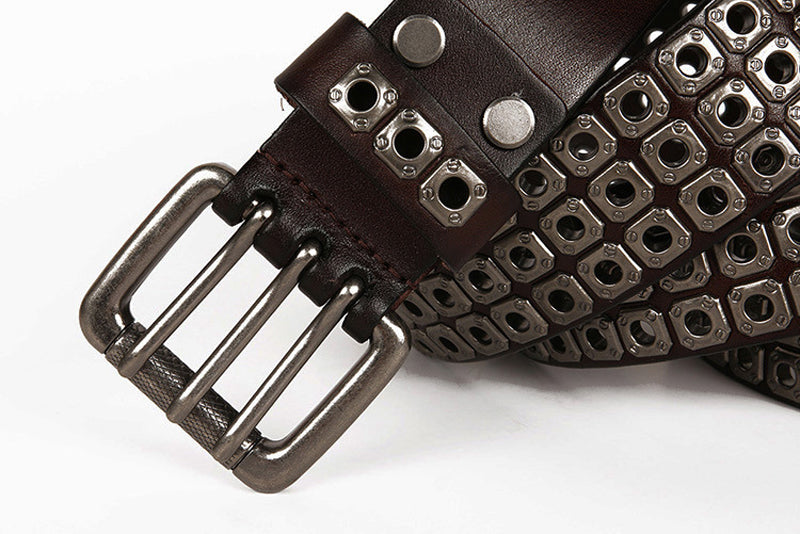 Heavy Metal Cowboy Belt close-up with rivets and buckle, perfect for western and edgy fashion.
