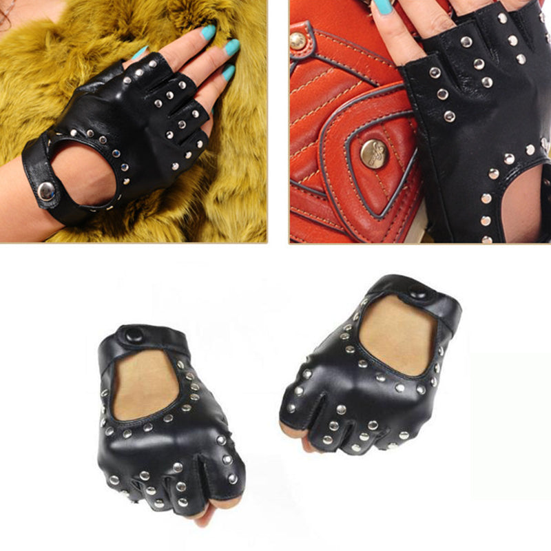 Heavy metal PU leather fingerless gloves with rivets, perfect for driving or rock festivals in alternative fashion.