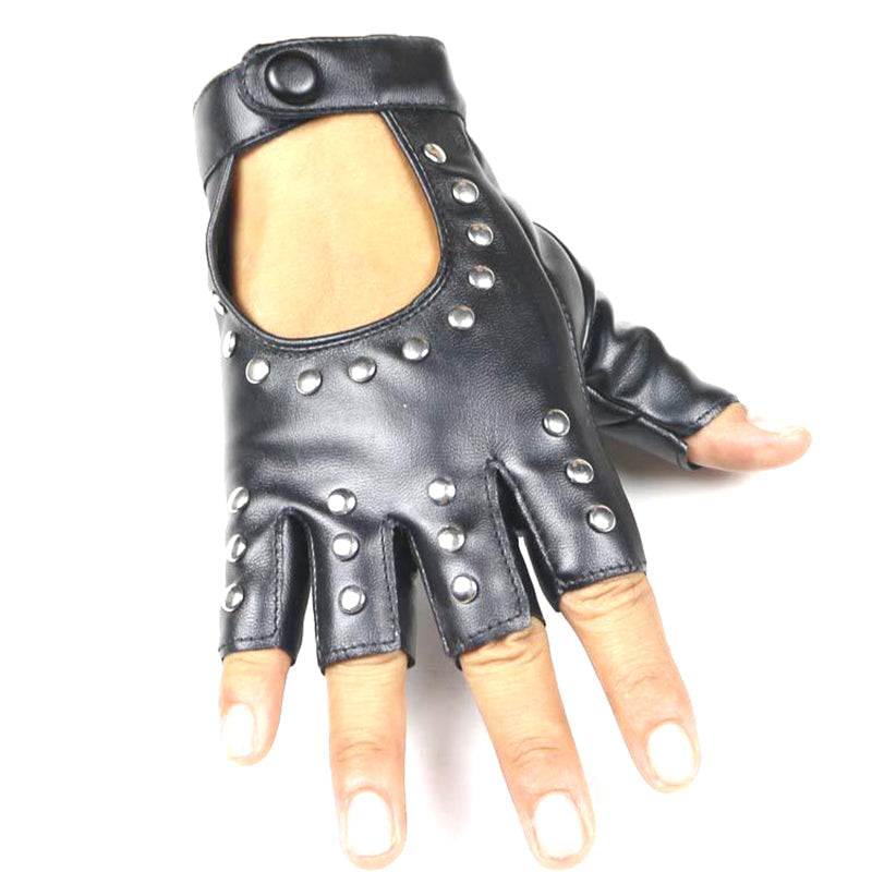 Heavy metal PU leather fingerless gloves with rivets for alternative fashion and rock festivals.
