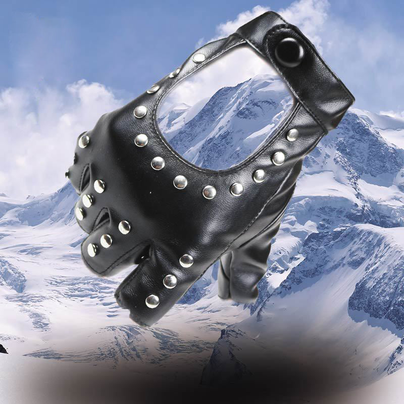 Heavy metal PU leather half-finger gloves with rivets for alternative fashion and rock style.