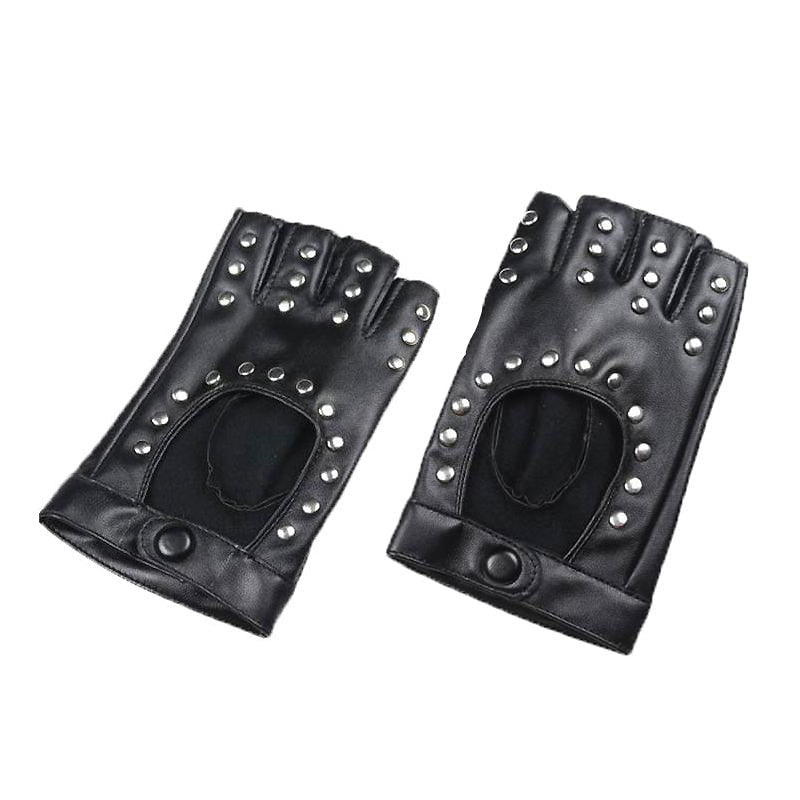 Rock style PU leather fingerless gloves with rivets, perfect for festivals and driving, showcasing alternative fashion.