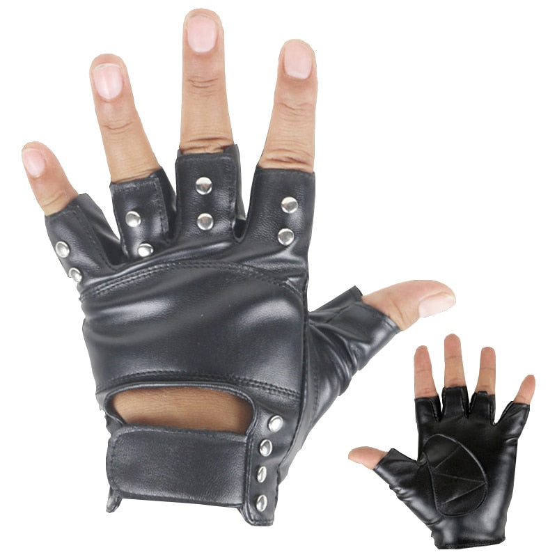Stylish half-finger black PU leather gloves with metal rivets, perfect for fitness and cycling enthusiasts.