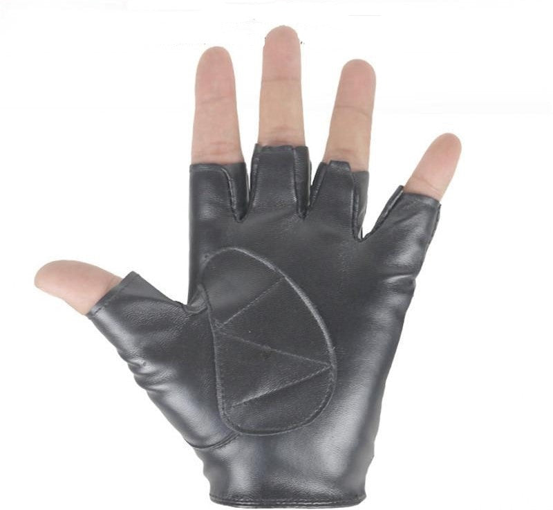 Black PU leather half-finger gloves with a sleek design for fitness, cycling, and rock style fashion.