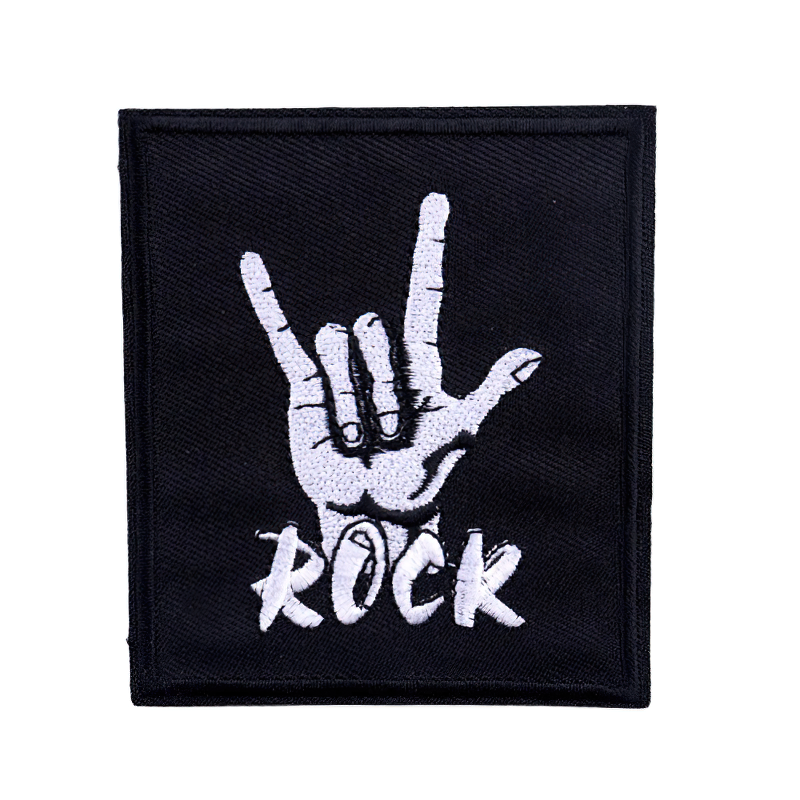 Heavy metal rock patch, embroidered black and white design, perfect accessory for clothing and stylish rock outfits.