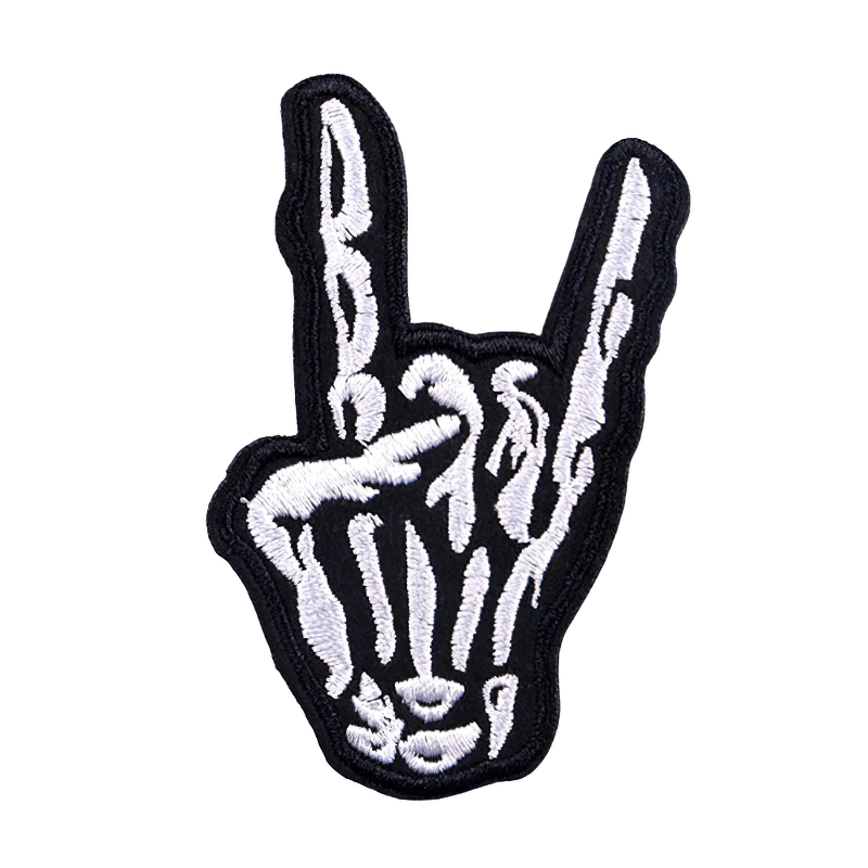 Gothic heavy metal symbol patch featuring a skeleton hand with a rock gesture for stylish clothing accessories.