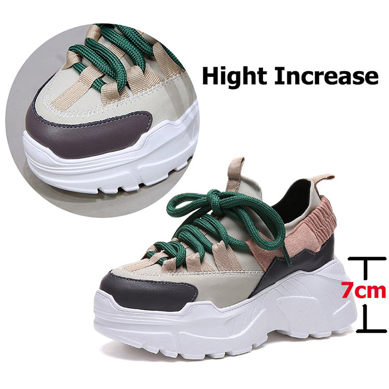 Height increasing 7cm women running shoes with stylish design, comfortable lacing, and elastic bands for everyday wear.