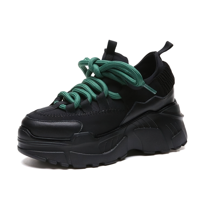 Women's height increasing 6 cm running shoes with black and green design, perfect for sports and everyday comfort.