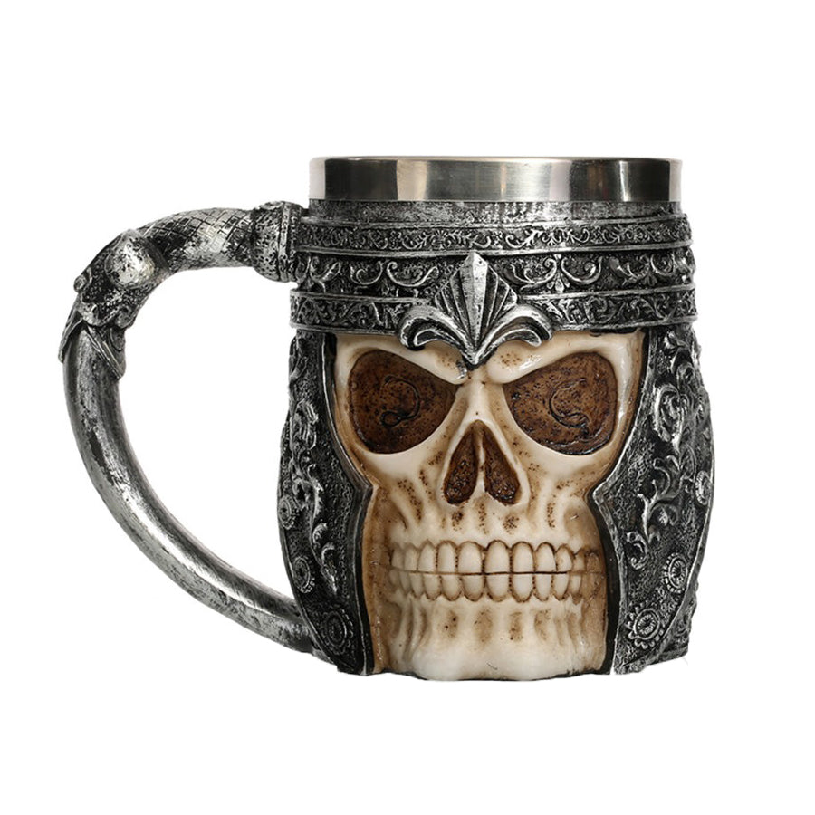 Hell Knight skull mug with stainless steel, vintage Viking design for gothic barware collection.