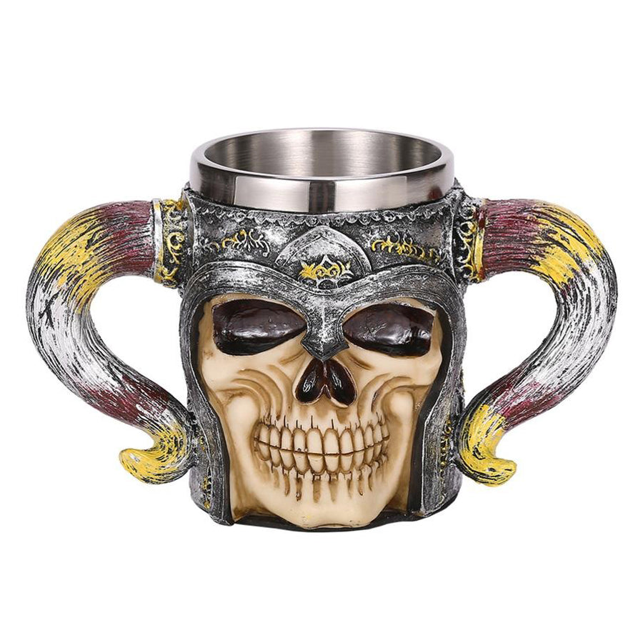Hell Warrior skull mug with horned handles, stainless steel interior, perfect for Viking-themed parties.