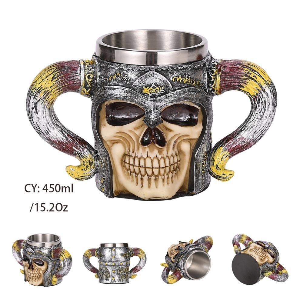 Hell Warrior Viking beer mug with skull design, stainless steel interior, and decorative horned handles, 450ml capacity.
