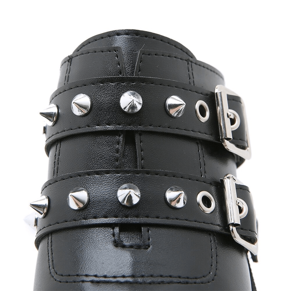 High Chunky Platforms Sandals for Women / Black PU Leather Open Toe Shoes with Buckles & Spikes