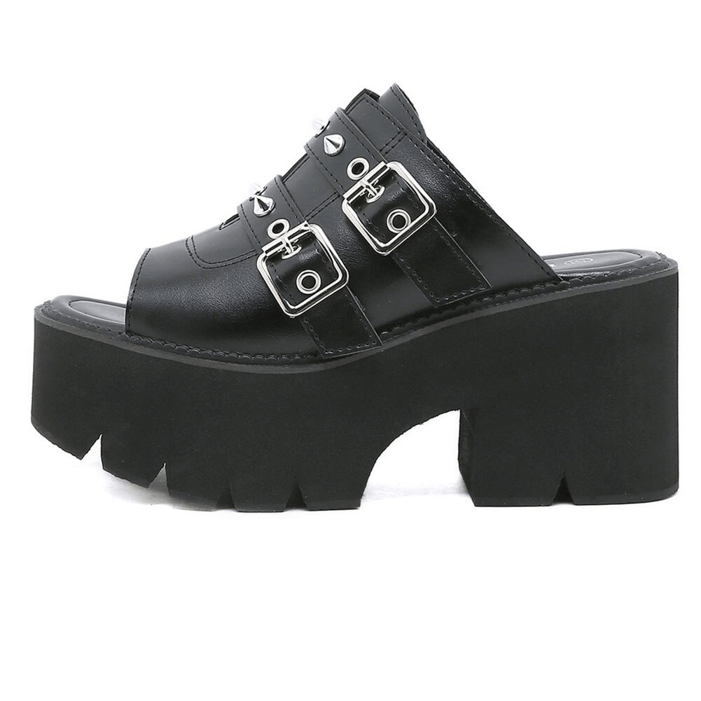 Black PU leather chunky platform sandals for women with buckles and spikes, trendy casual footwear.