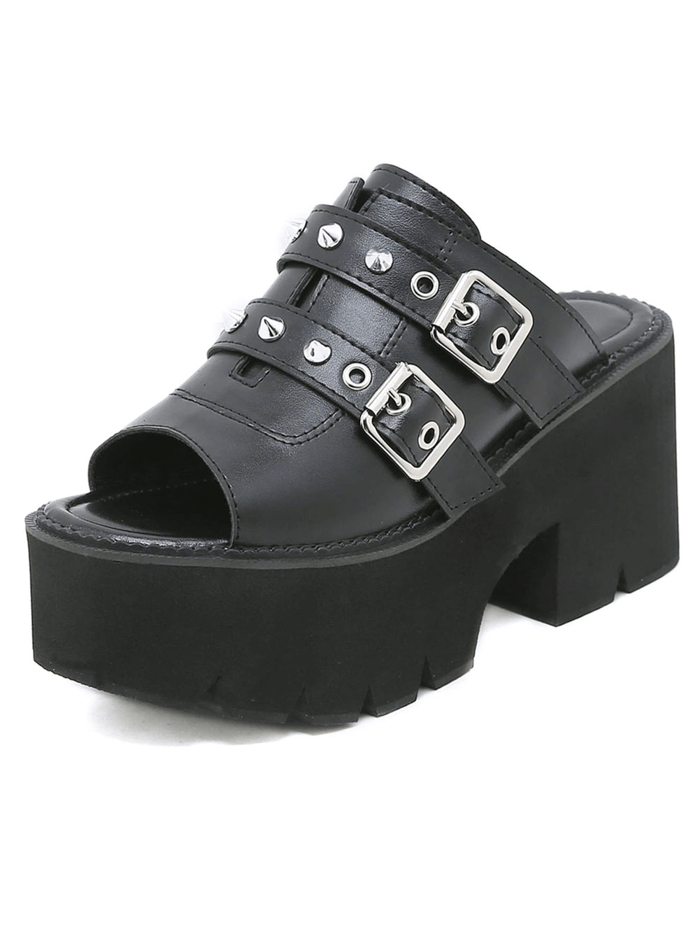 Black PU leather chunky platform sandals for women, featuring buckles and spikes, perfect for a trendy casual look.