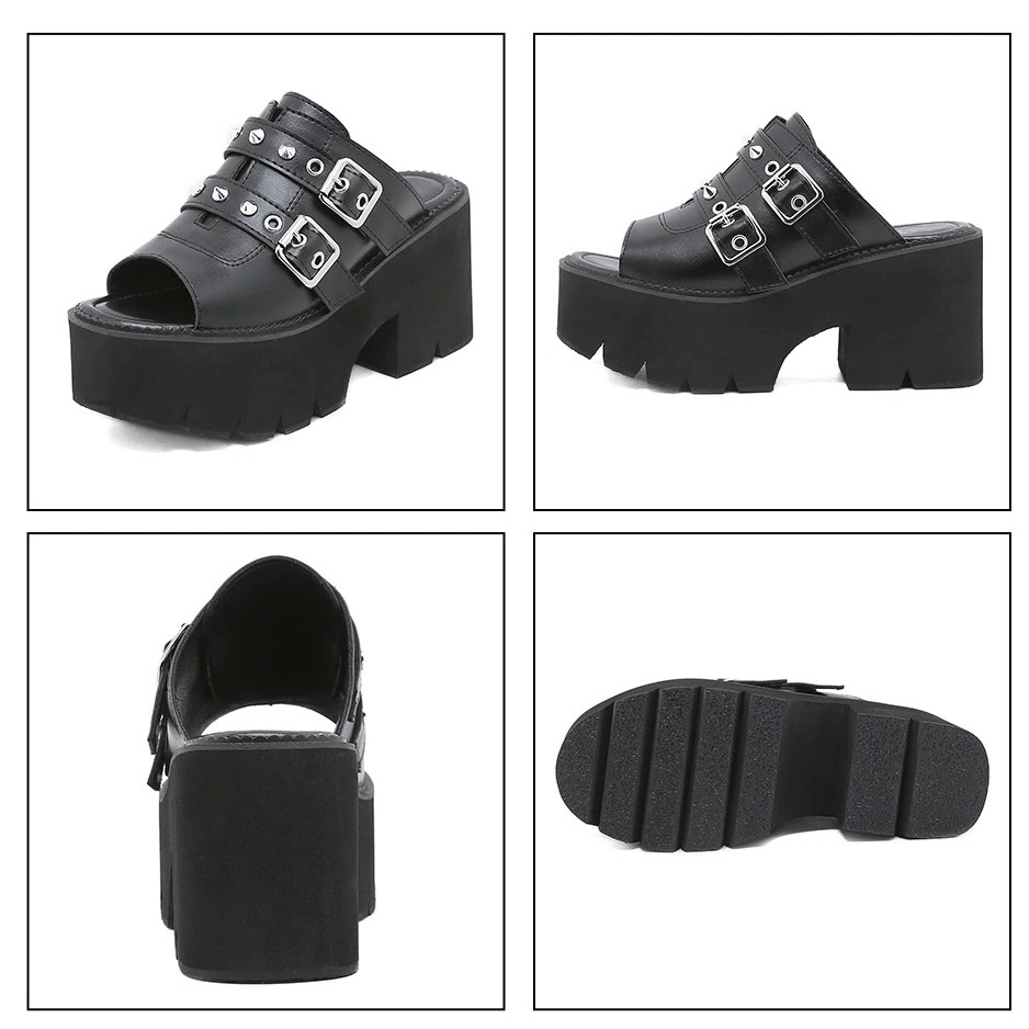 Stylish black PU leather platform sandals for women with buckles and spike details, highlighting the casual design and comfort.