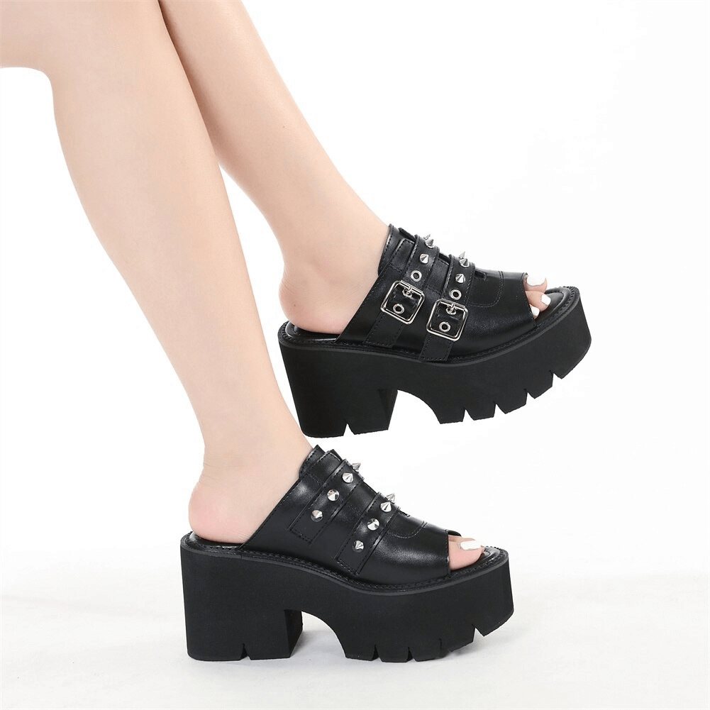 High Chunky Platforms Sandals for Women / Black PU Leather Open Toe Shoes with Buckles & Spikes