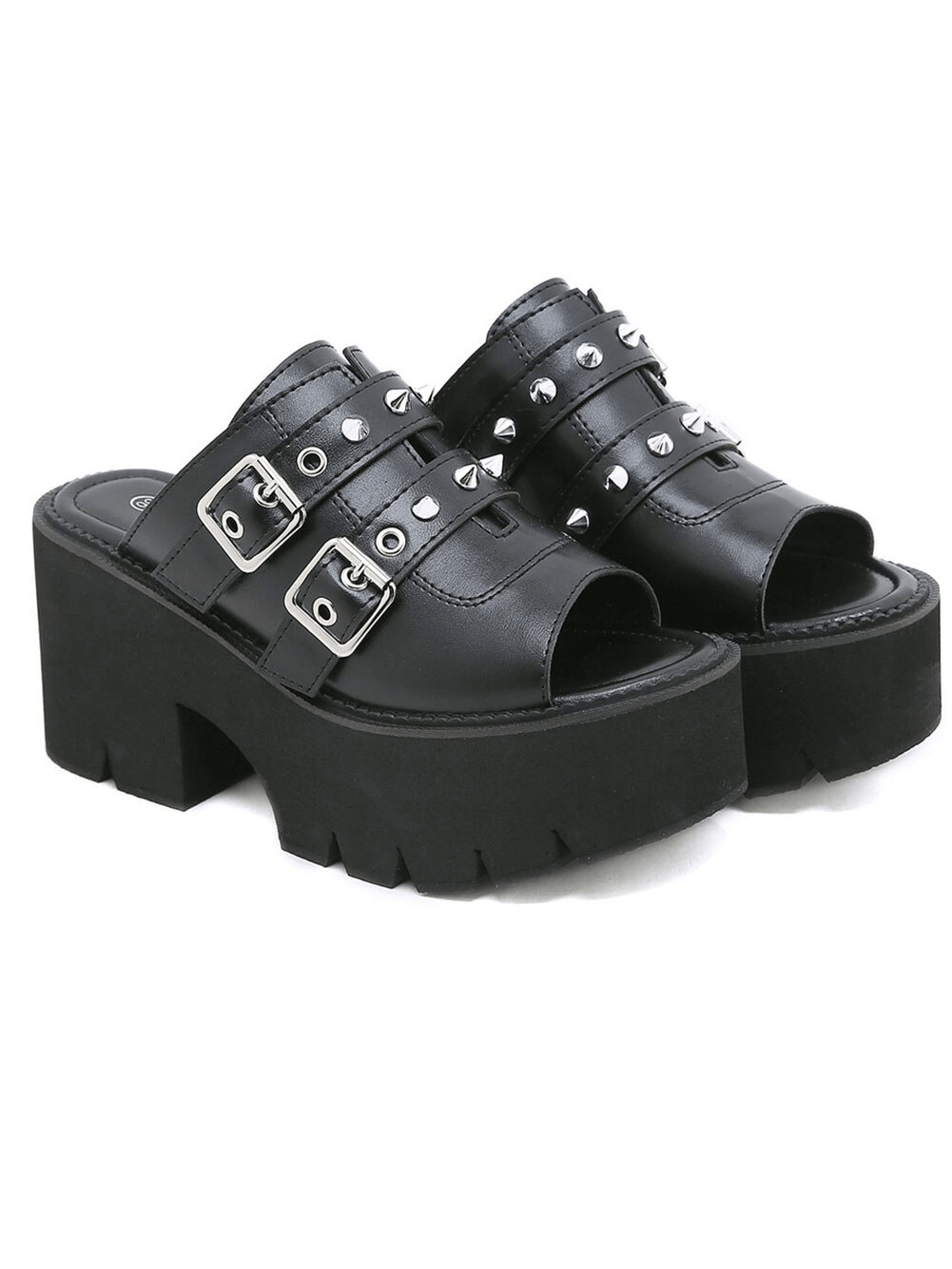 Trendy women's black chunky platform sandals with buckles and spikes, perfect for casual outings.