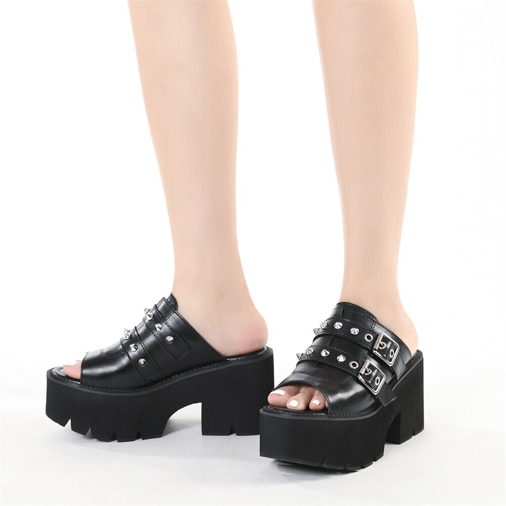 High Chunky Platforms Sandals for Women / Black PU Leather Open Toe Shoes with Buckles & Spikes