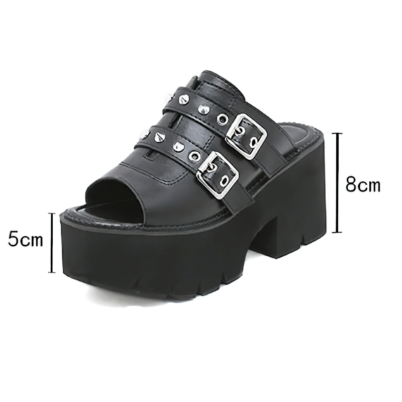 Trendy black PU leather platform sandals for women with buckles and spikes, perfect for casual outfits.