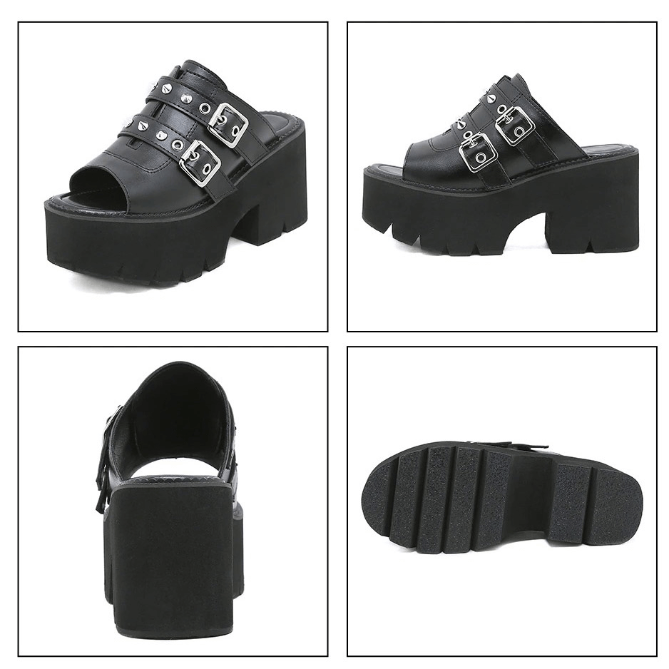 High Chunky Platforms Sandals for Women / Black PU Leather Open Toe Shoes with Buckles & Spikes