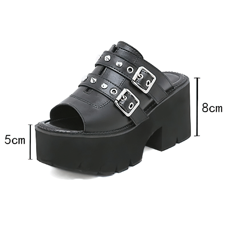 High Chunky Platforms Sandals for Women / Black PU Leather Open Toe Shoes with Buckles & Spikes