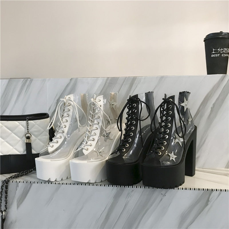 High heels women's sandals in white and black with star crystals and PVC panels, perfect for punk style.