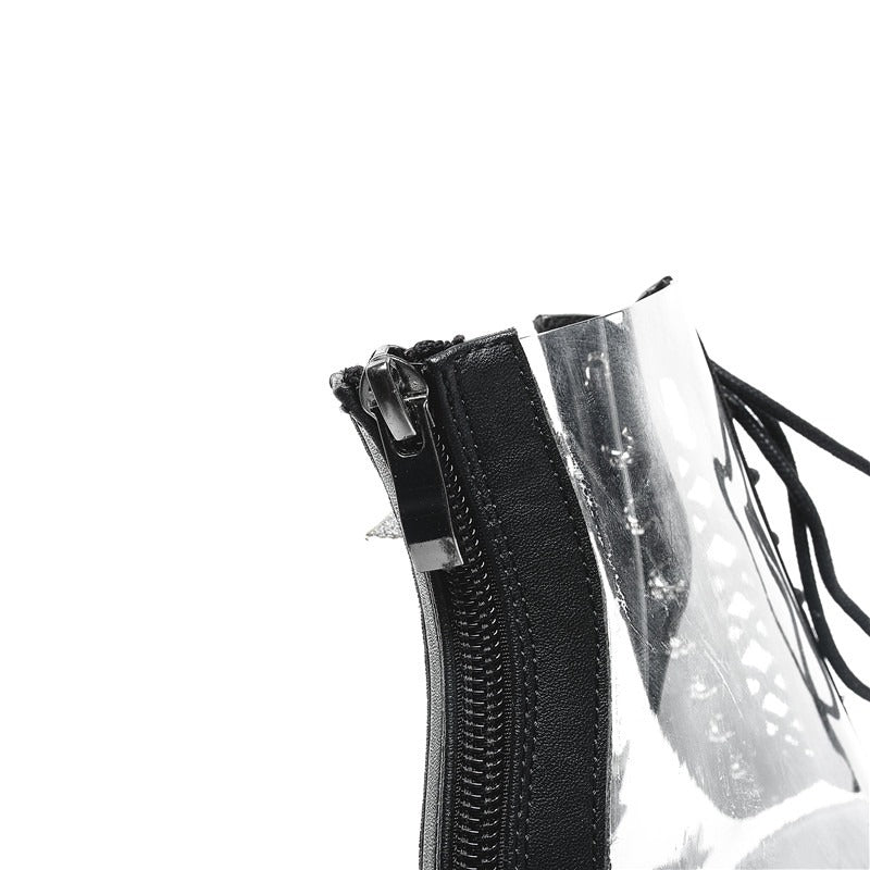 Close-up of punk style women's sandals featuring PVC panels and a zipper detail for adjustable fitting.