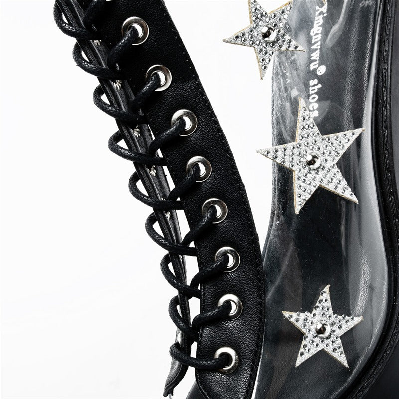 High Heels Women Sandals Boots / Punk Style Lace-Up PVC Star Crystal Platform Shoes - HARD'N'HEAVY
