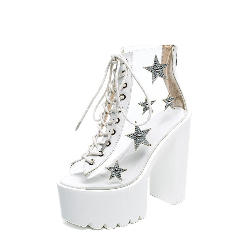 High Heels Women Sandals Boots / Punk Style Lace-Up PVC Star Crystal Platform Shoes - HARD'N'HEAVY