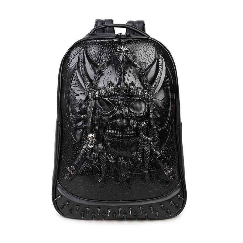 3D black leather unisex backpack with Gothic skull design and spikes, perfect for trendy fashion lovers.