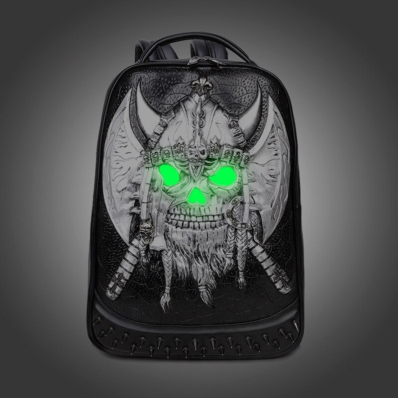 3D leather unisex knapsack with glowing skull design and intricate axe details, perfect for gothic style lovers.