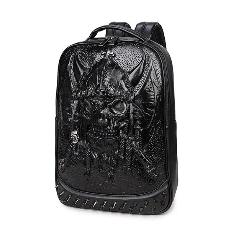 3D leather Gothic backpack with skull design, spikes, and comfortable straps, perfect for trendy unisex fashion.