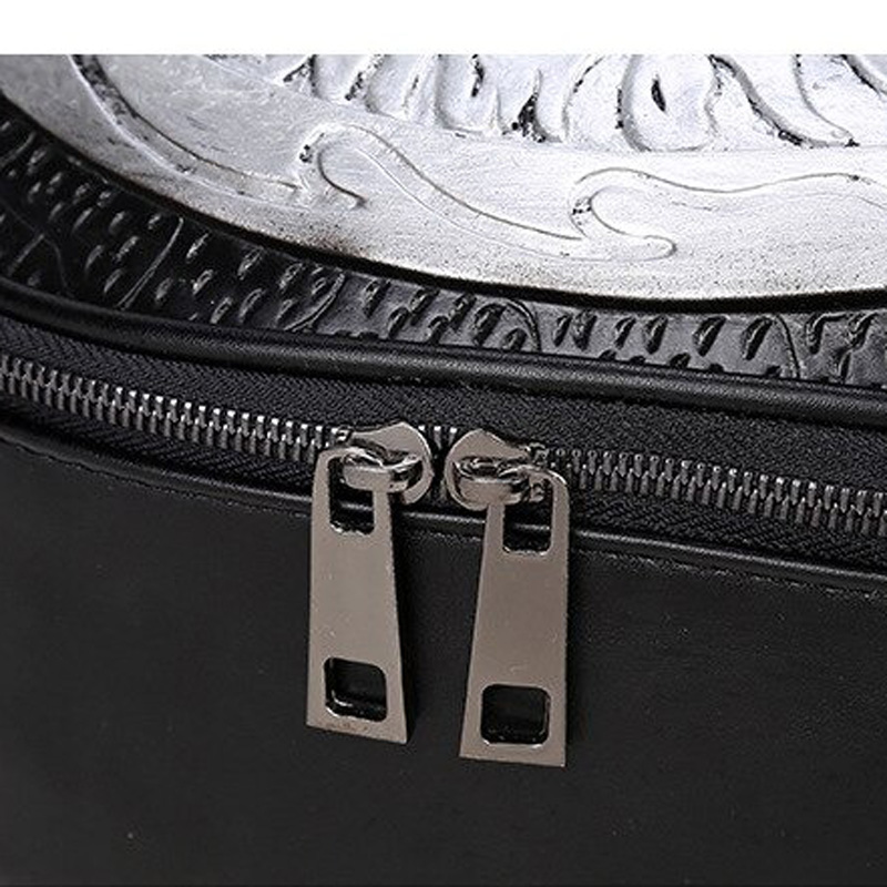 Close-up of a stylish 3D leather backpack zipper with shiny metal pulls for fashionable Gothic appeal.