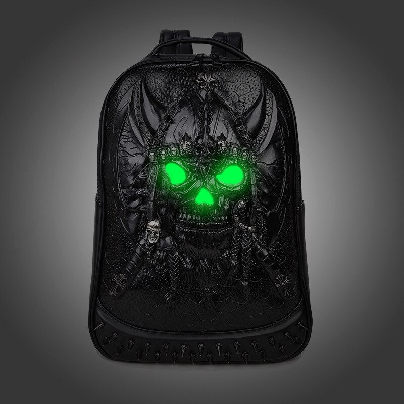 3D Gothic leather backpack with glowing green skull design, perfect for trendy unisex fashion.
