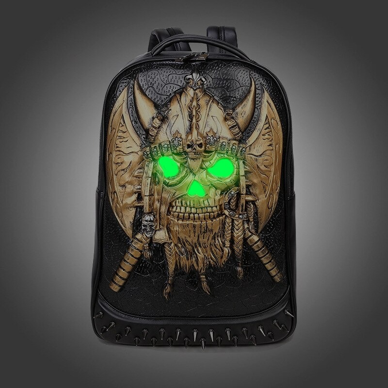 3D gothic leather backpack with glowing green skull design, trendy unisex shoulder bag for fashion enthusiasts.