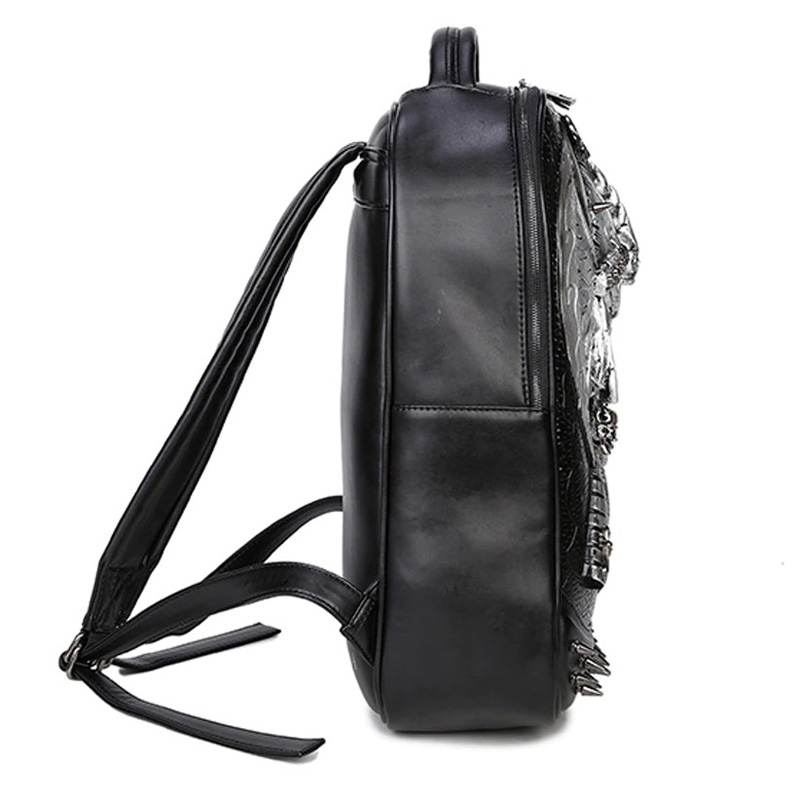 Side view of a 3D leather unisex backpack, showcasing its trendy gothic design and durable waterproof material.