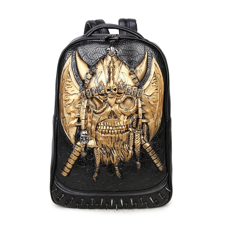 3D gothic leather backpack with skull and axe design, unisex shoulder bag, trendy and waterproof for fashion-forward individuals.