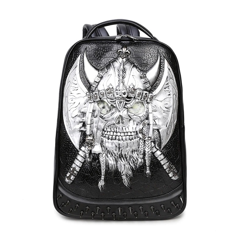 3D leather backpack with a skull and axe design, unisex gothic style, waterproof shoulder bag for trendy fashion enthusiasts.