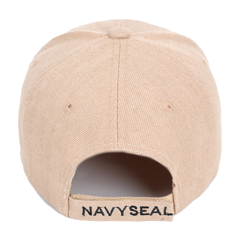 Back view of unisex beige baseball cap with 'NAVYSEAL' embroidery, perfect for summer sun protection.
