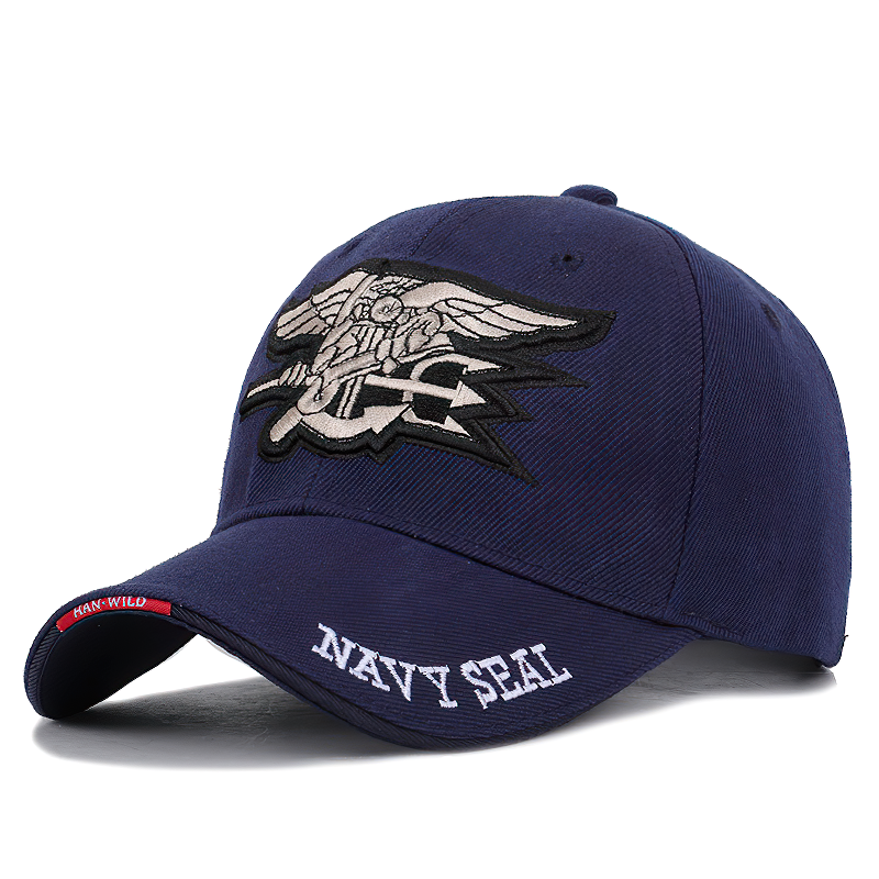 Navy baseball cap with Navy Seal badge embroidery, perfect unisex summer accessory for sun protection.