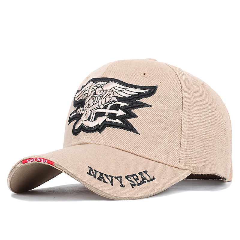 Stylish unisex baseball cap in khaki with Navy Seal badge embroidery, perfect for summer sun protection.