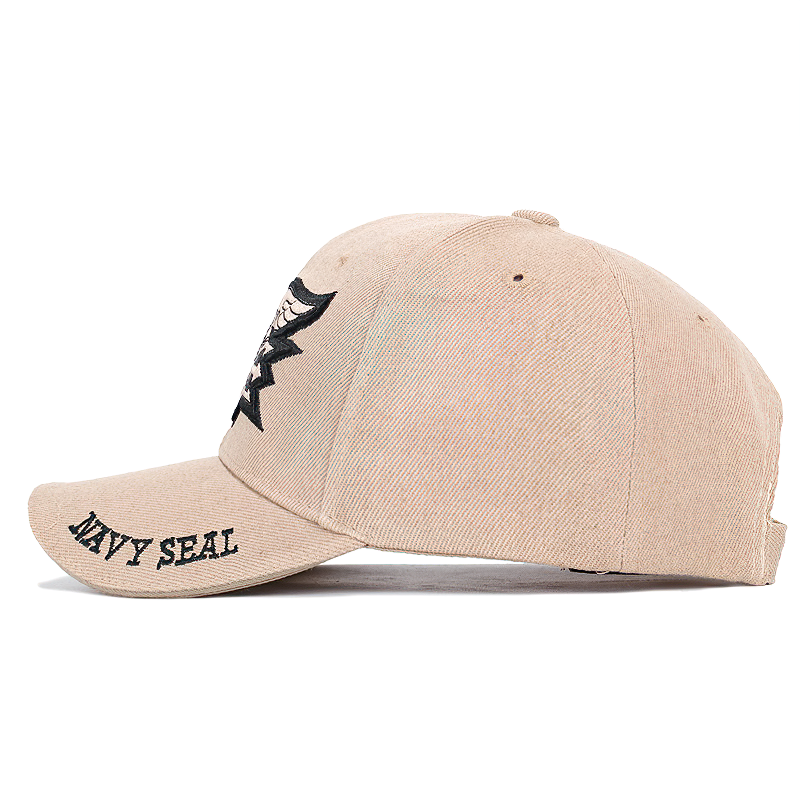 Side view of a beige baseball cap featuring NAVY SEAL badge embroidery, ideal for unisex summer wear.