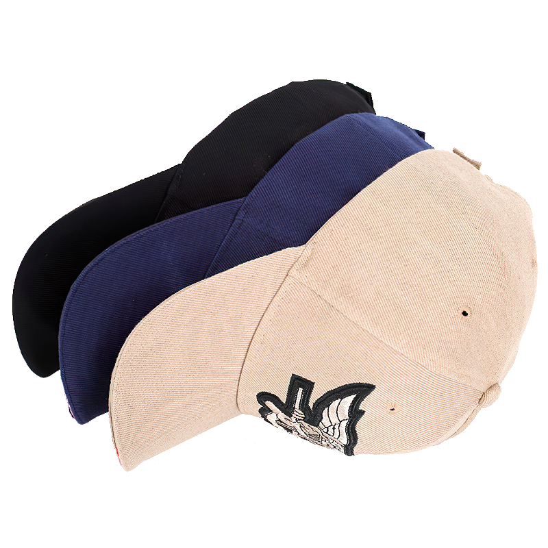 Three stylish cotton baseball caps for men and women in black, navy, and khaki, featuring badge embroidery.