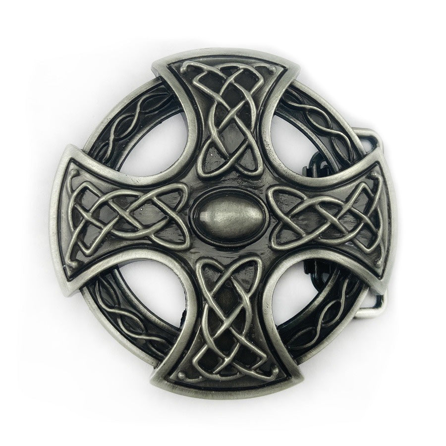 Celtic cross belt buckle with intricate knot design, perfect for alternative fashion outfits.