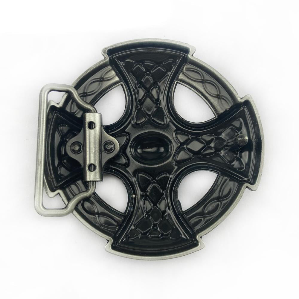 Celtic Cross Belt Buckle in black, stylish alternative fashion accessory for unisex outfits.