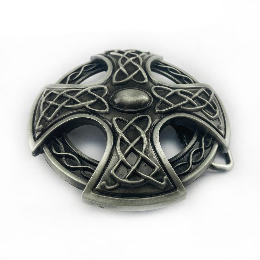 Celtic Cross Belt Buckle in silver tone with intricate knot designs, perfect for alternative fashion styles.