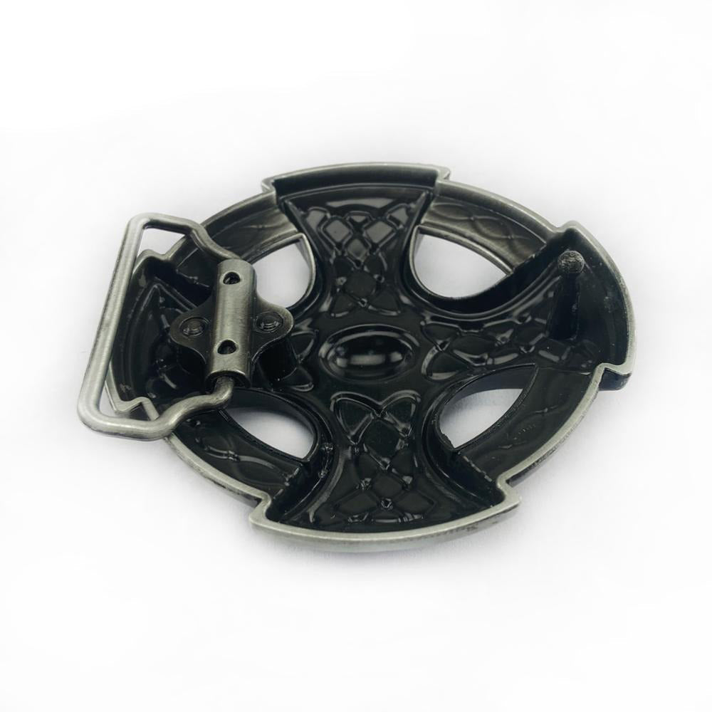Celtic cross belt buckle in black with intricate knot design, perfect for alternative fashion accessories.