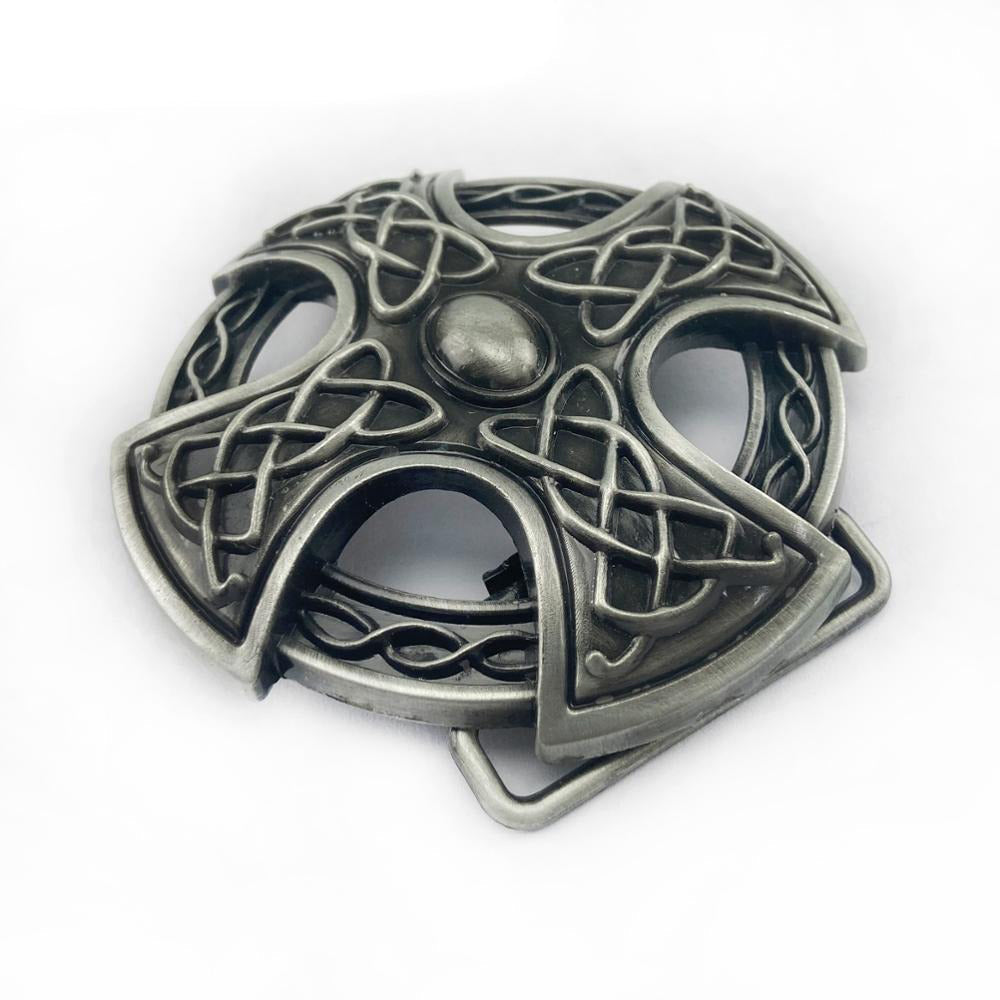 Celtic cross belt buckle with intricate knot design, perfect for alternative fashion accessories.