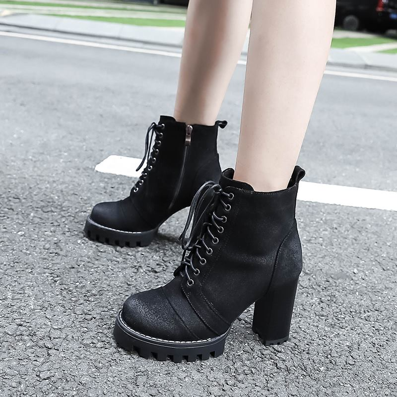 High Quality Genuine Leather Boots for Women / Lace-Up Autumn and Winter Ankle Boots with Platform - HARD'N'HEAVY