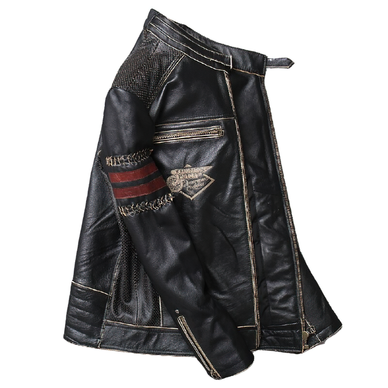 Genuine black leather biker jacket for men with stylish stripes and multiple pockets.