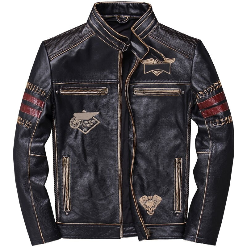 Genuine black leather biker jacket for men with stylish patches and red stripes, perfect for a rock-inspired wardrobe.